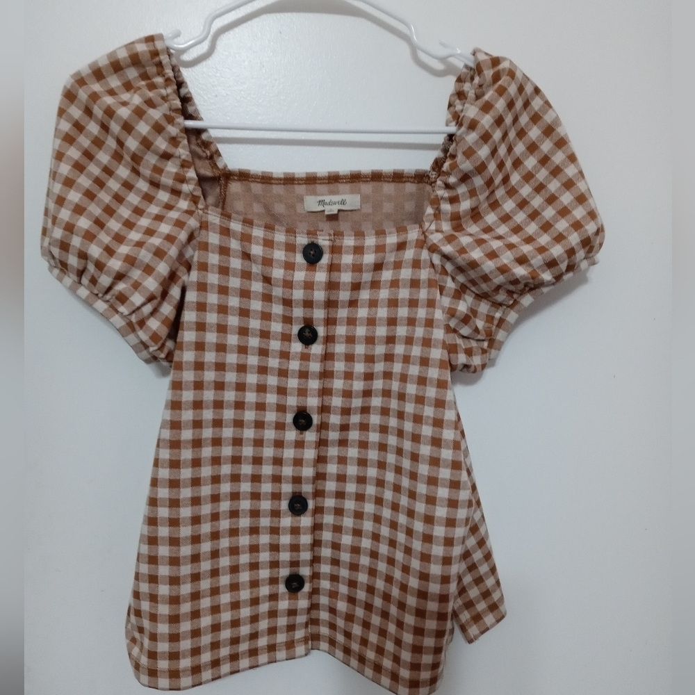 Madewell Off the Shoulder Puffy Sleeve Button Down Beige white Plaid crop Blouse